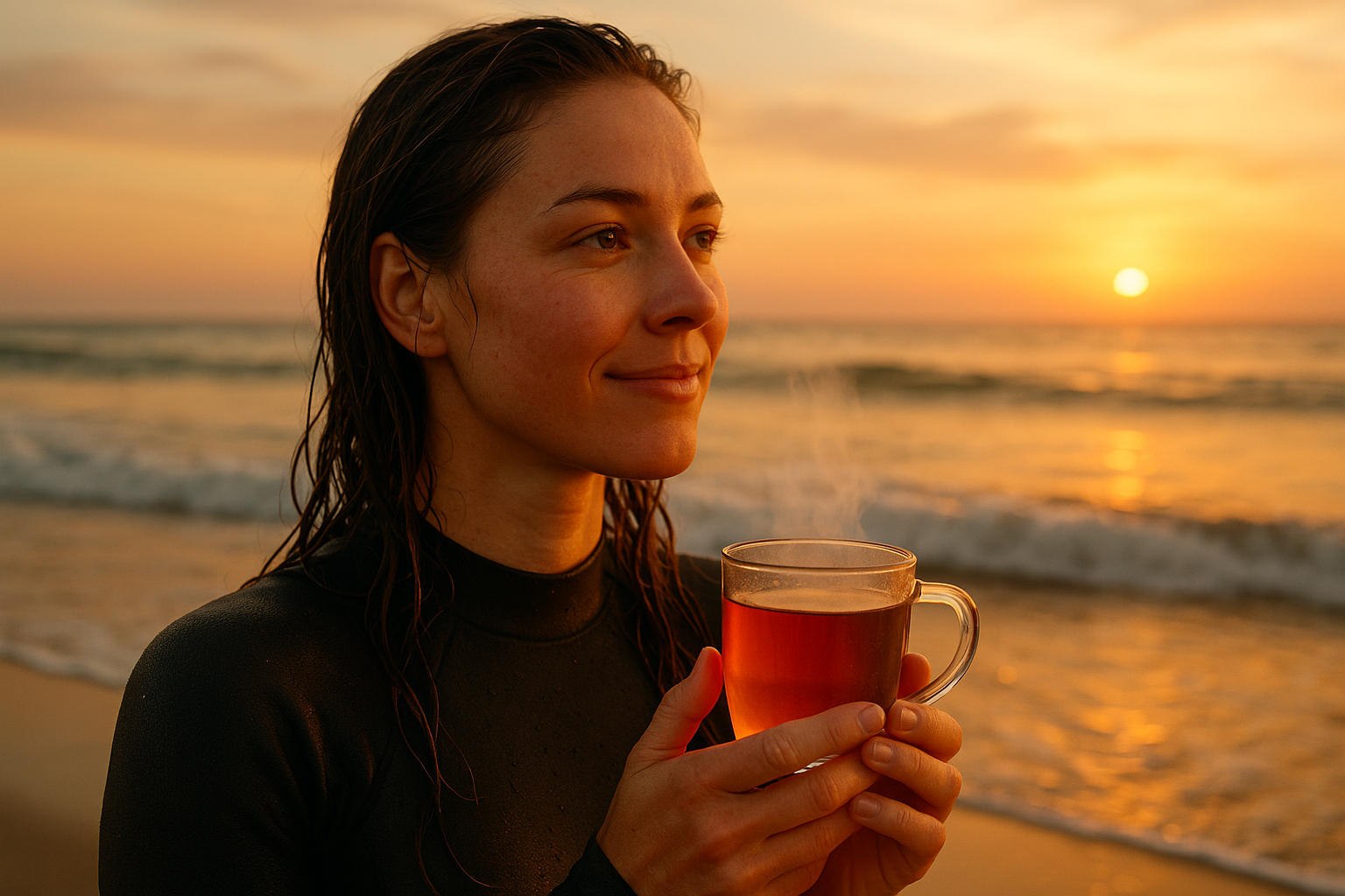 A photo of a woman at the beach during sunset holding a simmering glass of rose-colored tea looking thoughtfully in the distance. She appears content and pleased with herself. Her hair is wet from recently surfing in the ocean